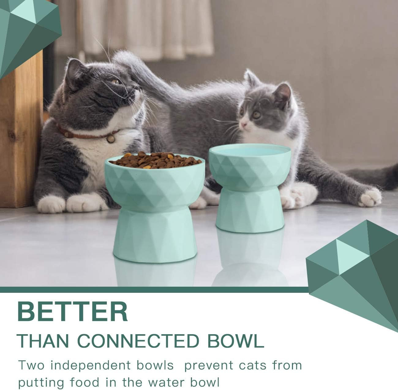 Cat Bowls,Ceramic Cat Bowls anti Vomiting,Raised Food and Water Bowl Set for Cats and Small Dogs,13.5 Oz,Green