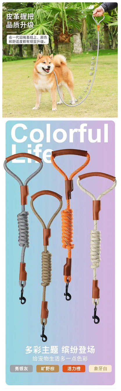 Reflective Dog Leash with Leather Handle - Durable Nylon Rope for Safe Walking