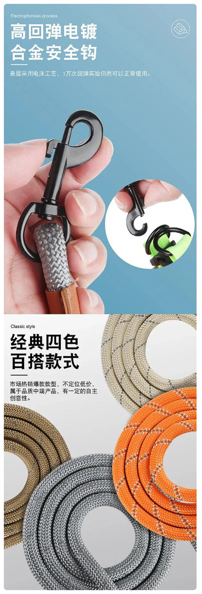Reflective Dog Leash with Leather Handle - Durable Nylon Rope for Safe Walking