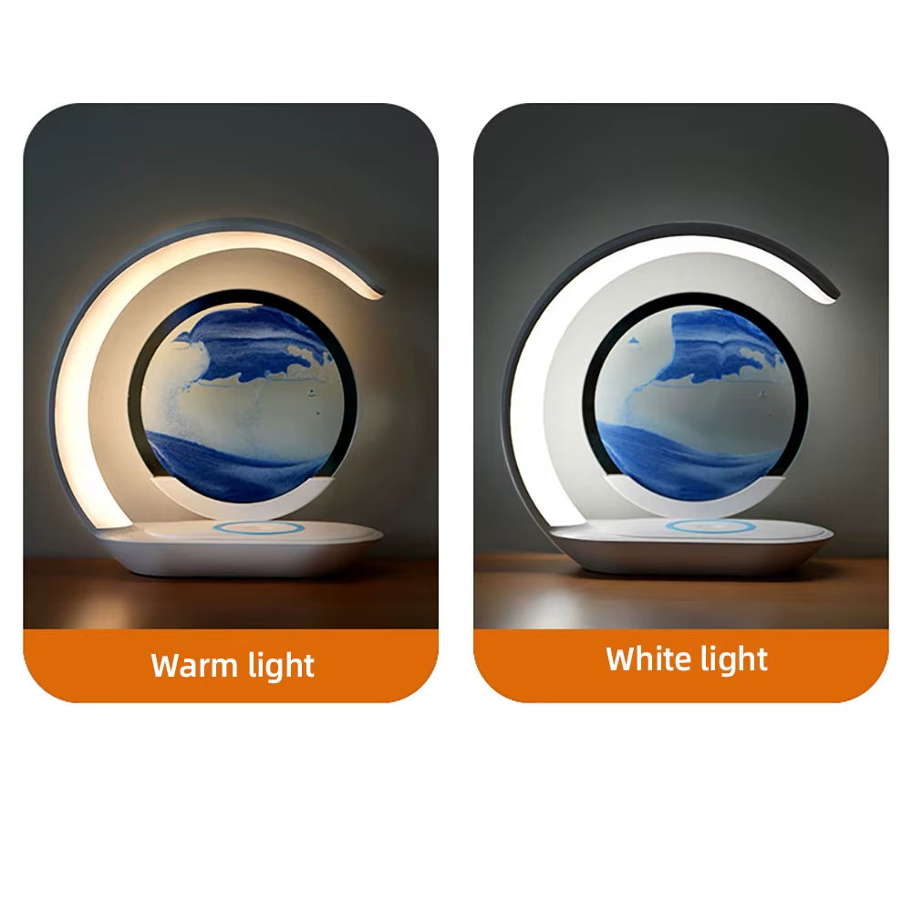 Quicksand Table Lamp USB Wireless Charging Desk Lamp 3D Hourglass Ornaments Sand Painting Night Light for Office Room Decoration