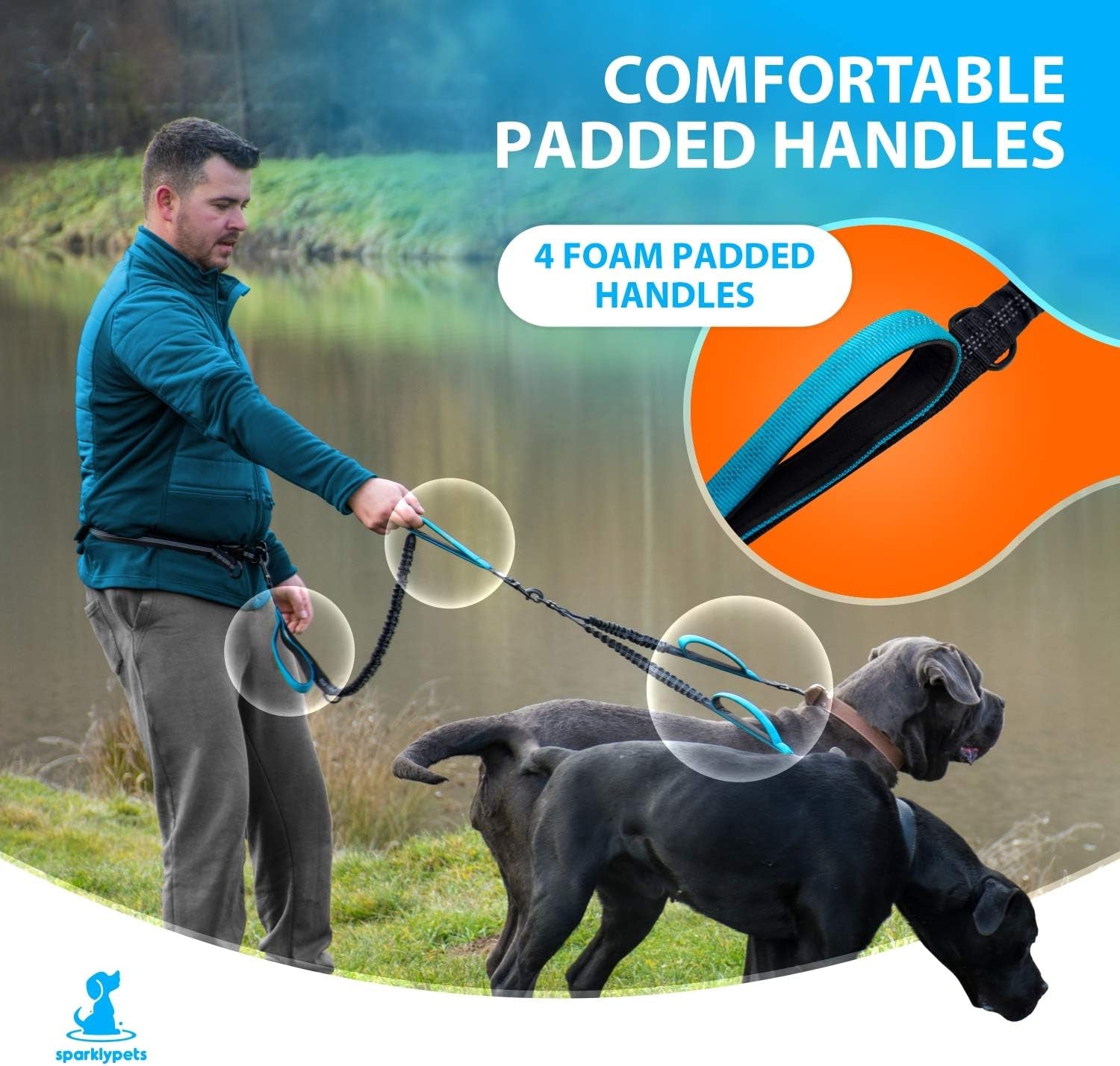 Hands Free Double Dog Leash – Dual Leash for Medium and Large Breeds – Lead for 2 Dogs with Padded Handles, Reflective Stitches, No Pull, Tangle Free