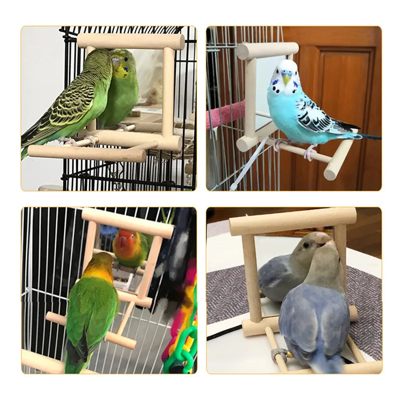 Bird Mirror Wooden Hanging Swing Interactive Play Toys for Small Parrot Budgies Macaw African Grey Parakeet Cockatiel Conure Lovebird Cage Accessories