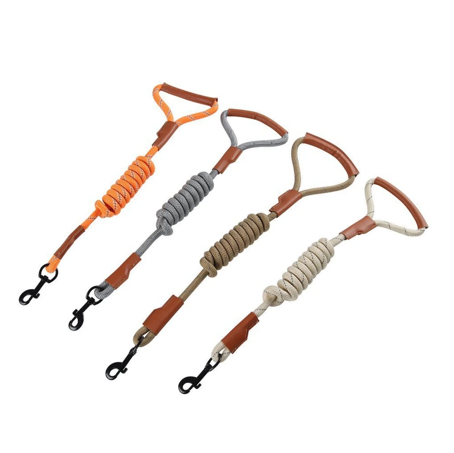 Reflective Dog Leash with Leather Handle - Durable Nylon Rope for Safe Walking